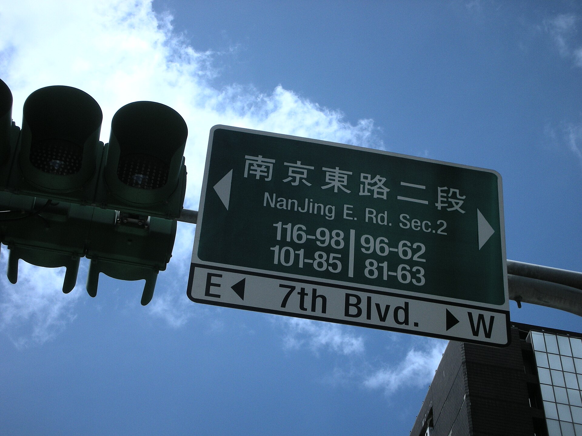 青空を背景にした緑色の道路名標識に「南京東路二段」という中国語表記とローマ字表記「NanJing E. Rd. Sec.2」が並んで書かれている